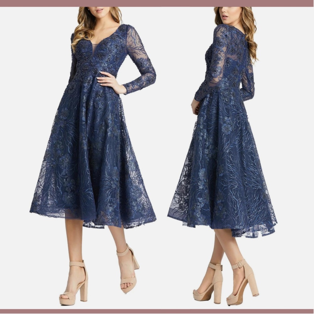 NWT $598 Mac Duggal [ 2 ] Embellished‎ Plunge V-Neck Long Sleeve Midi Dress Blue